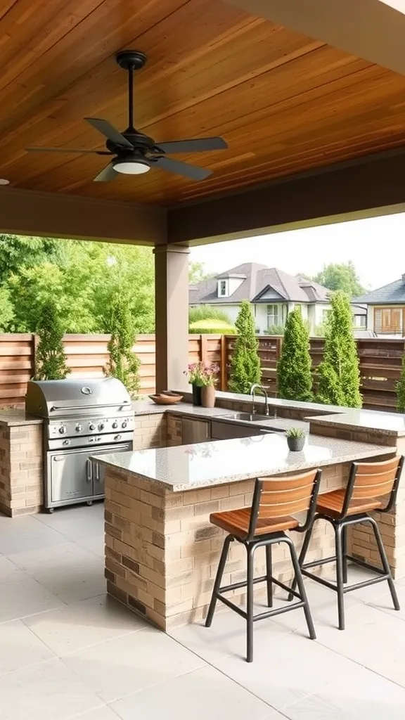 Stylish outdoor kitchen with a grill, granite countertop, and seating area