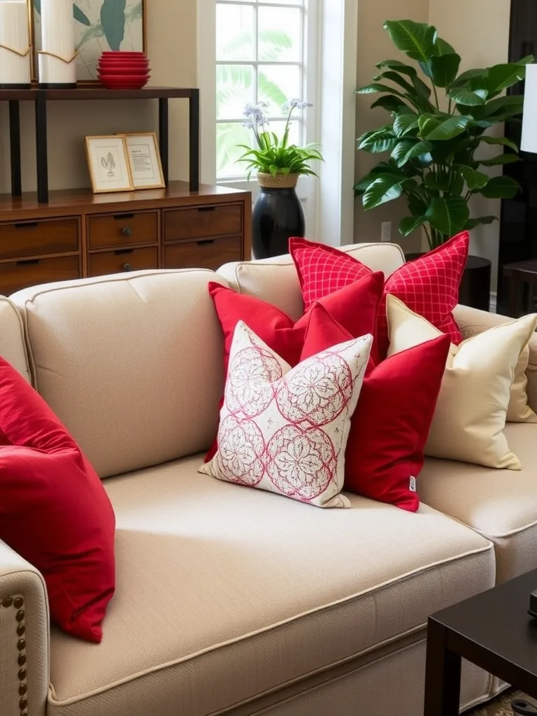 Cozy living room with stylish red throw pillows on a beige sofa.