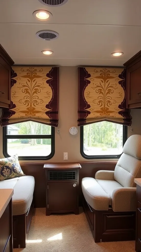 Cozy RV interior with stylish pleated window treatment and dashboard