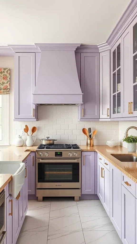 A kitchen with lavender cabinets, white countertops, and wooden floors