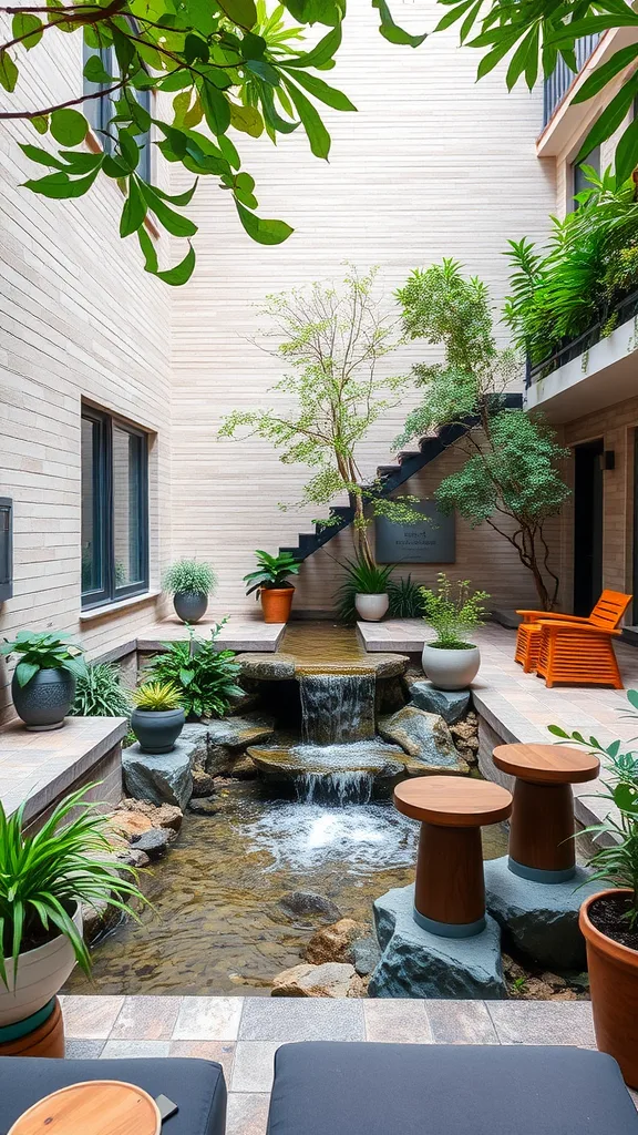 A sunken courtyard featuring a small waterfall surrounded by plants and seating