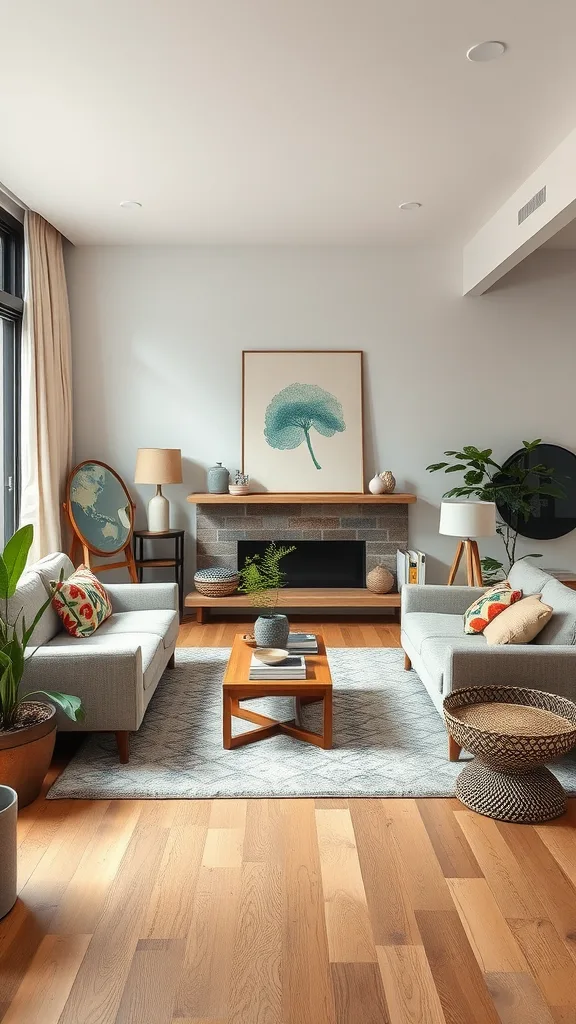 A stylish Japandi living room featuring natural materials and greenery.