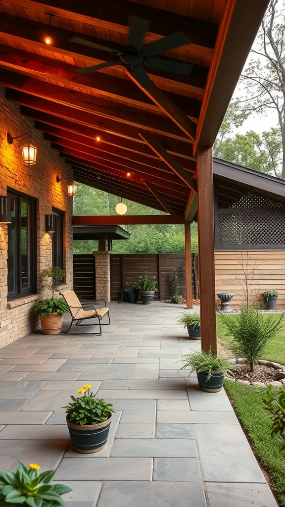 A cozy covered outdoor patio with wooden beams, stone walls, and potted plants.