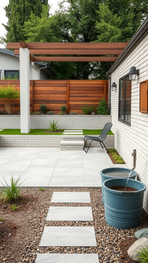 A modern backyard patio featuring a stone pathway, rain barrels, and wooden pergola.