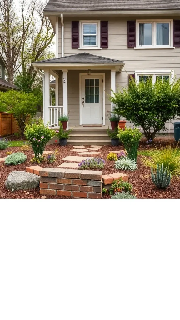 A sustainable front yard landscape featuring native plants, stone pathways, and mulch.