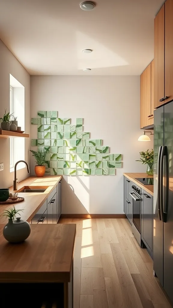 A modern kitchen featuring green tiles on the wall, wooden countertops, and plants, showcasing sustainable material choices.