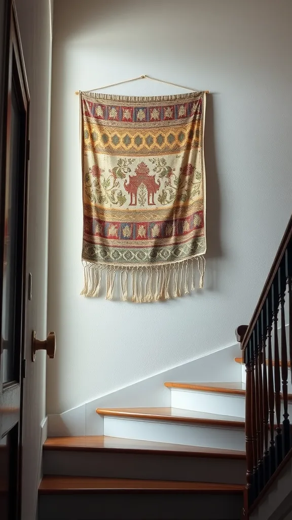 A colorful tapestry hanging on a wall next to a staircase.