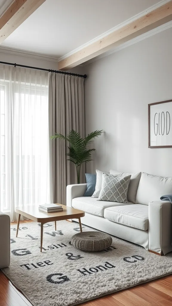 A cozy living room featuring a textured area rug, light sofa, and natural decor elements.