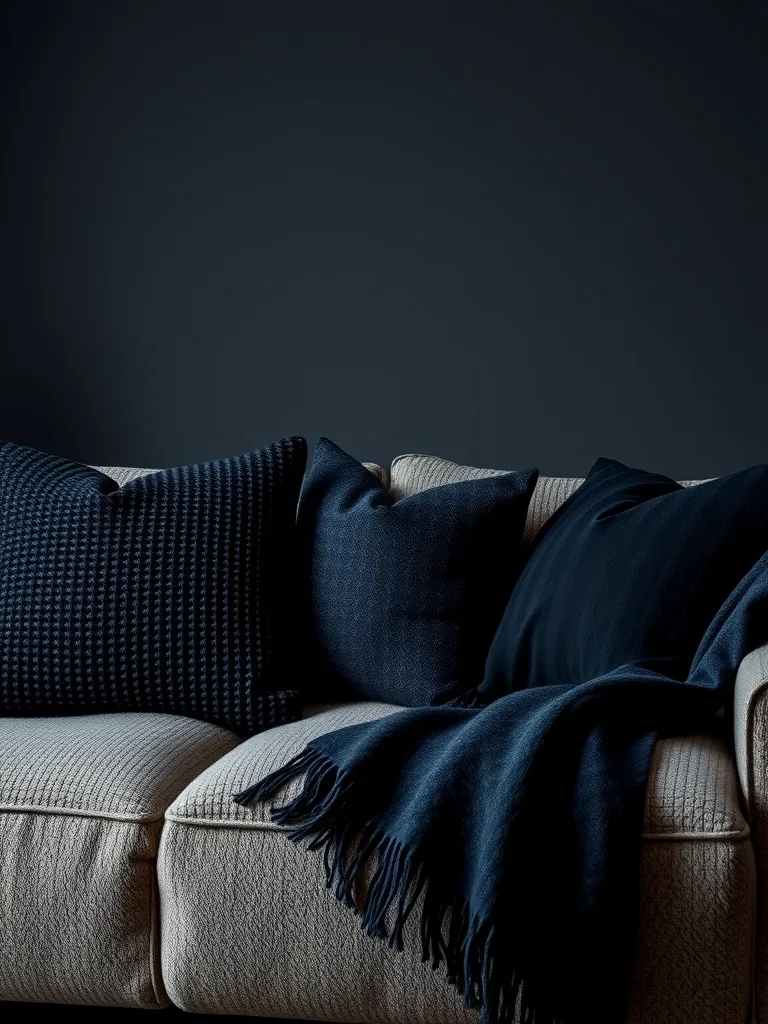 A cozy sofa with textured black and navy pillows and a throw blanket.