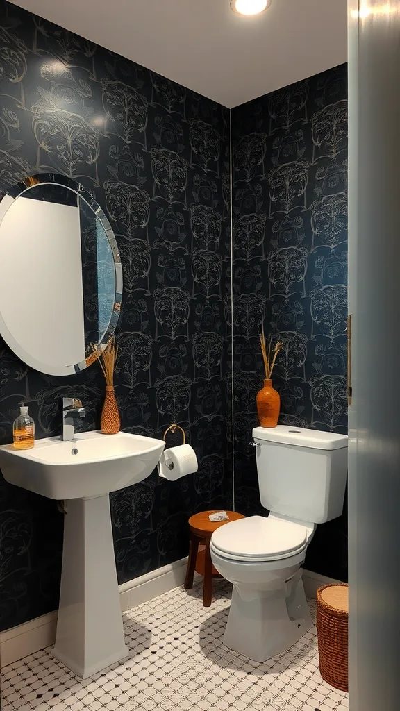 A stylish half bathroom featuring textured black wallpaper with a modern sink and toilet.