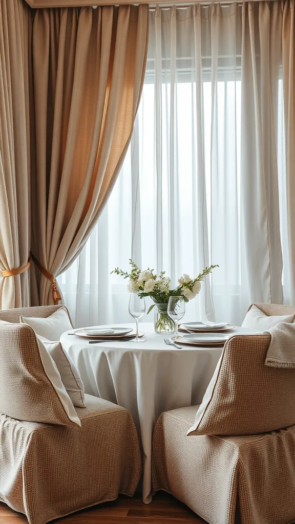 A cozy dining setup with textured chair covers, flowing curtains, and a table set with a white cloth and a vase of flowers.