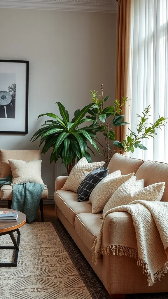 A cozy Japandi living room with a comfortable sofa, textured pillows, and plants.