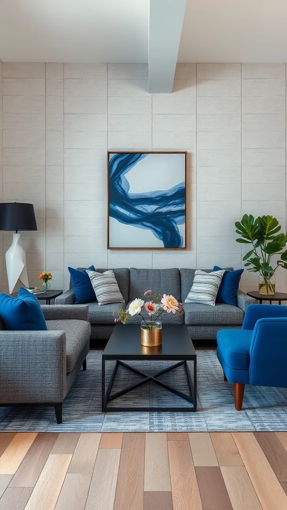 A stylish living room featuring gray couches, cobalt blue accents, and a modern artistic decor.