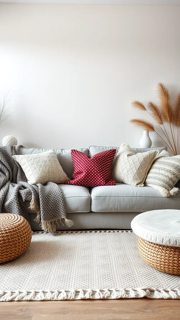 Cozy neutral coastal living room with textured throws and pillows on a grey sofa.