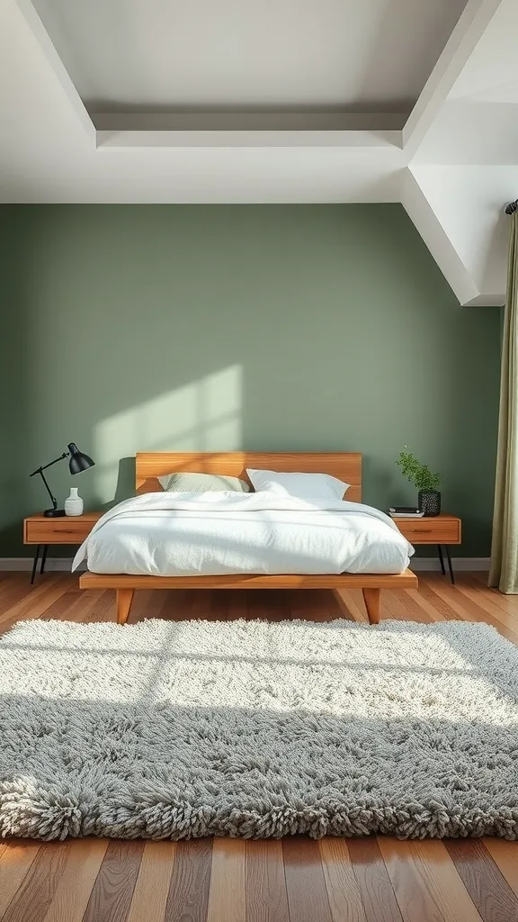 A cozy sage green bedroom featuring a textured rug under a bed with wooden furniture.