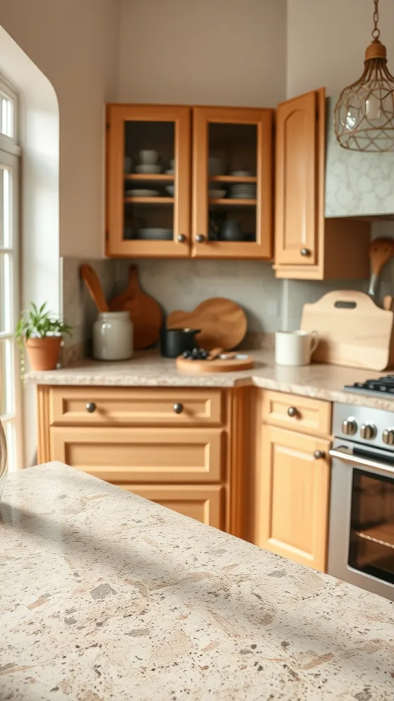 A modern kitchen featuring textured stone countertops, wooden cabinets, and natural light.