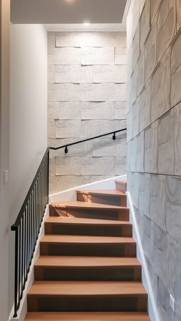 Stylish staircase with textured wall panels and bold letters on the steps.