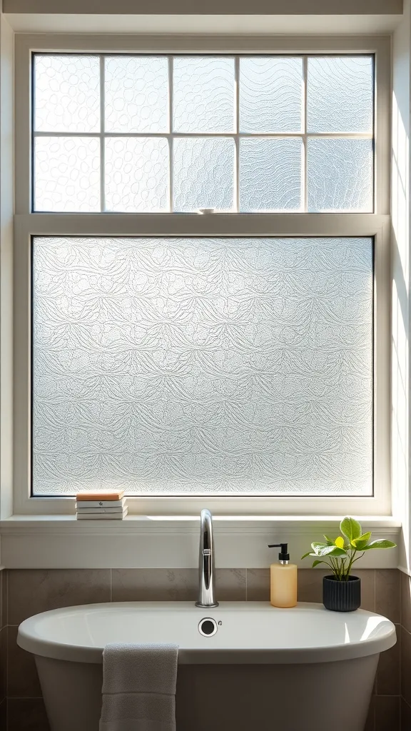 A bathroom window featuring textured glass panels that provide privacy while allowing light to enter