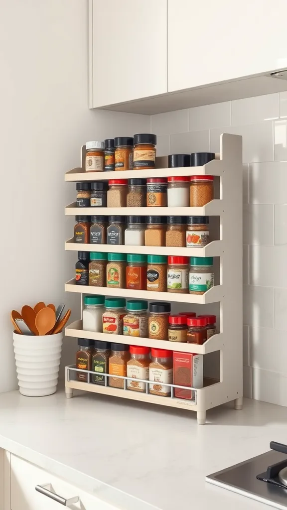 A tiered spice shelf displaying various spice jars in a neat arrangement.