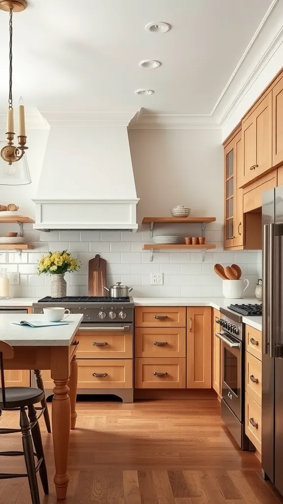 A cozy kitchen featuring timeless maple cabinets, sleek appliances, and a bright atmosphere.