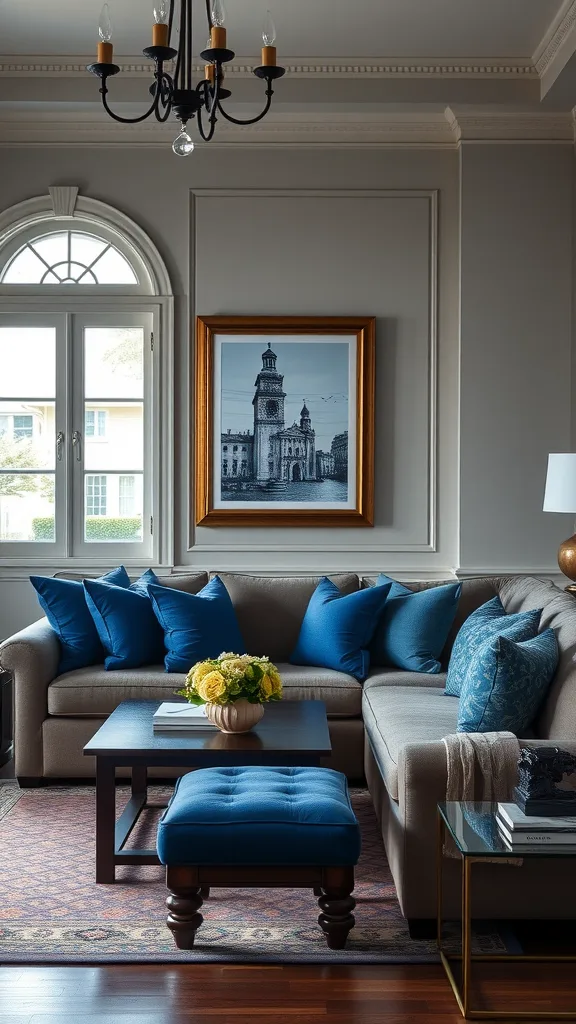 A traditional gray living room featuring royal blue pillows and ottoman, with elegant decor.