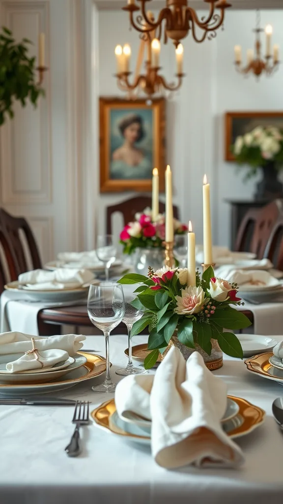 Traditional farmhouse dining room table setting with floral centerpiece and elegant dishes.