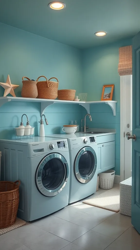 A bright and inviting laundry room featuring aqua walls, a washing machine, and decorative elements.