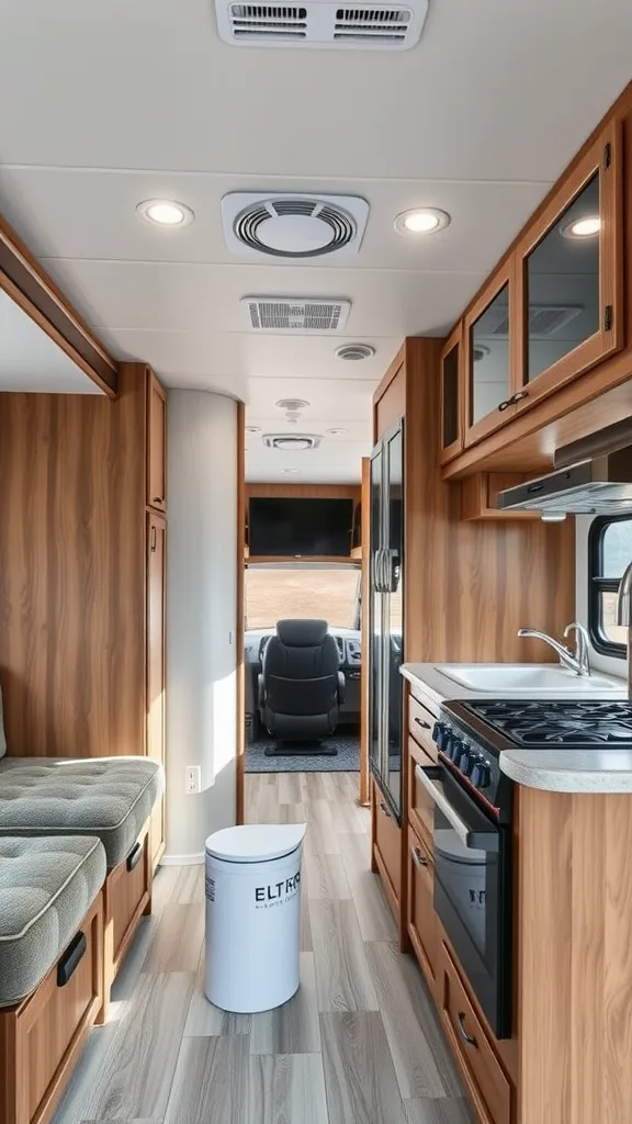 Modern RV kitchen interior with sleek appliances and wooden cabinetry