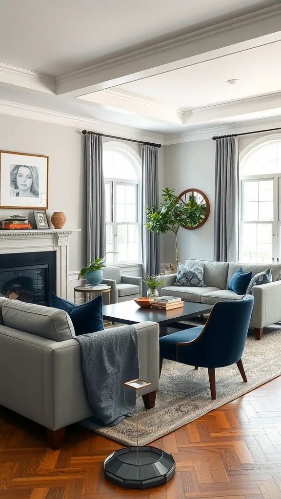 A transitional living room featuring gray furniture, blue accents, and natural elements.