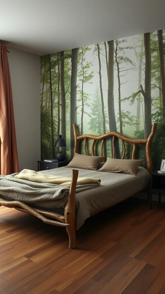 A cozy bedroom featuring a tree branch bed frame with earthy tones and a forest mural on the wall.