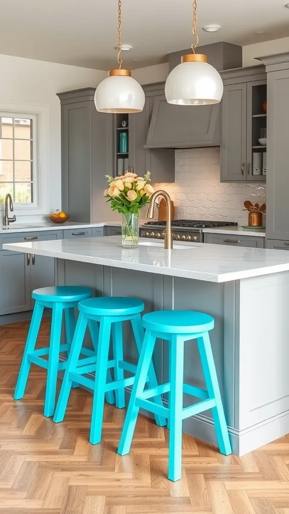 Turquoise blue bar stools at a grey kitchen island with modern decor