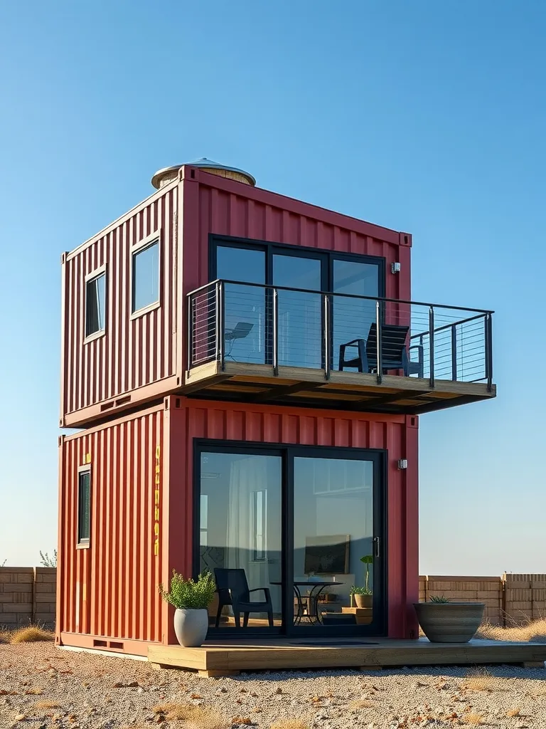 Two stacked red shipping containers with a balcony and large windows against a clear blue sky.