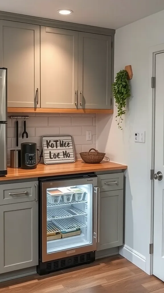 A stylish basement kitchenette featuring an under-counter refrigerator, wooden countertop, and modern cabinetry.