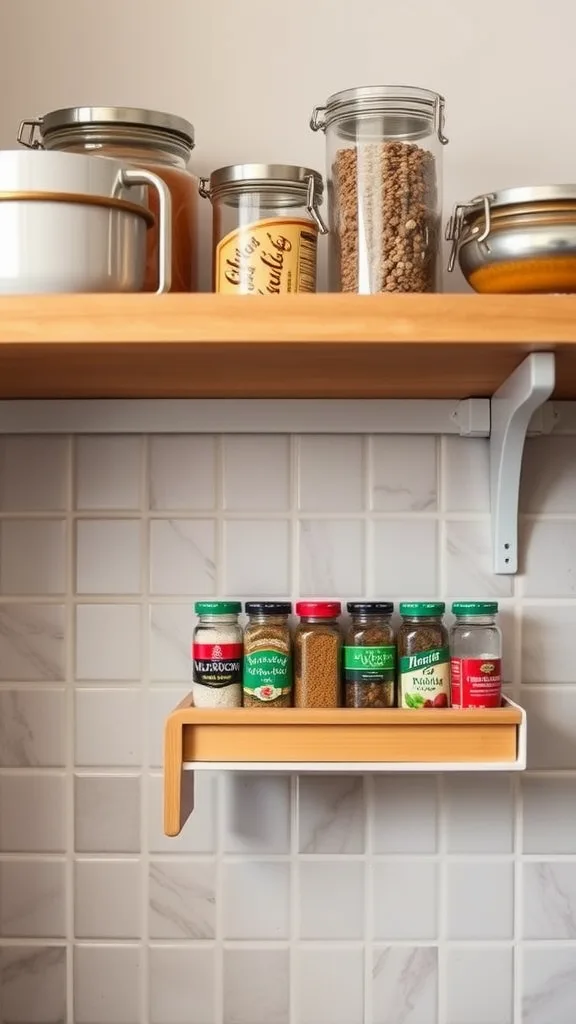 A wooden shelf with various spice jars and clear containers in a modern kitchen.