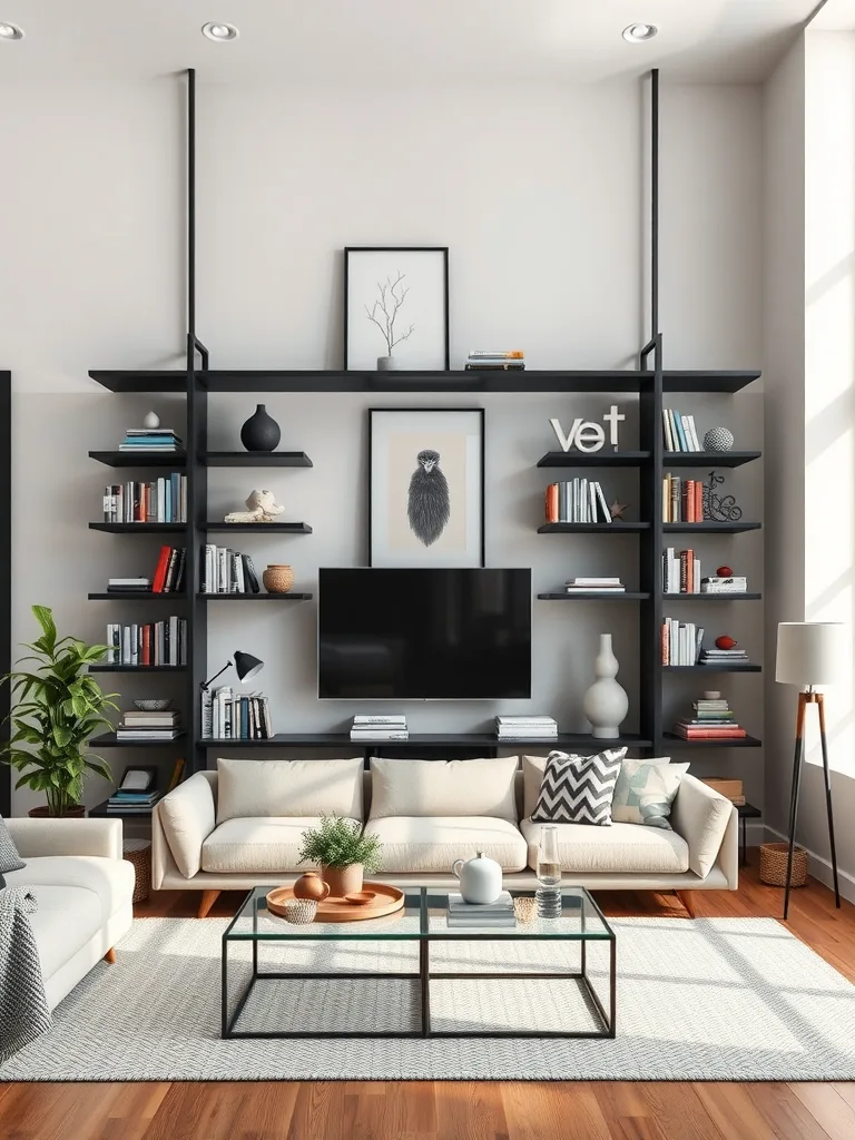 A stylish black shelving unit in a modern living room with light walls and soft furniture.