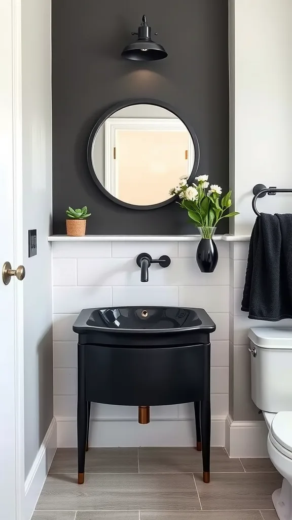 A modern black sink in a stylish half bathroom with white marble walls.