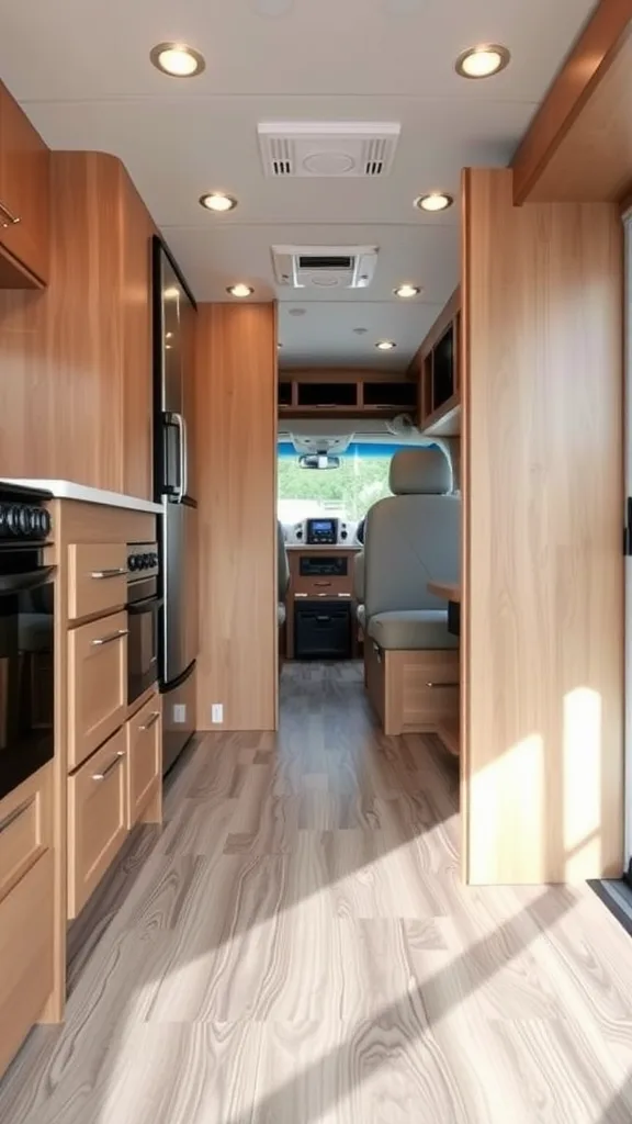 Interior of a remodeled RV showing stylish wood-like flooring, modern cabinets, and seating.