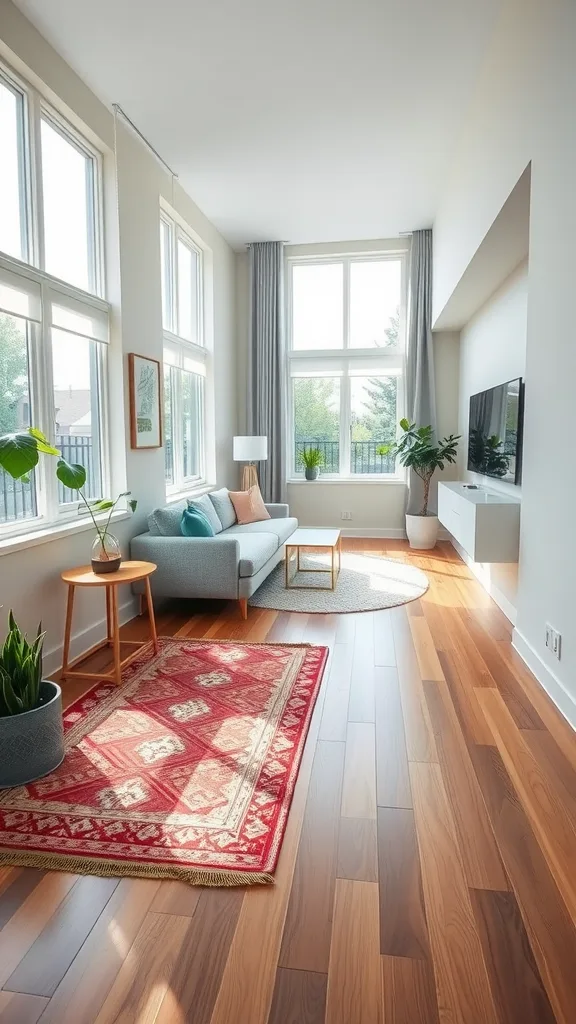 A long narrow living room featuring a light gray couch, a red patterned rug, and a round neutral rug on wooden flooring with large windows.