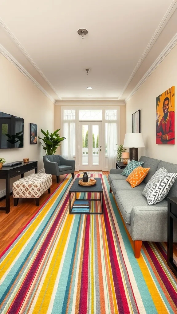 A long narrow living room featuring a colorful striped rug, gray furniture, and decorative art.