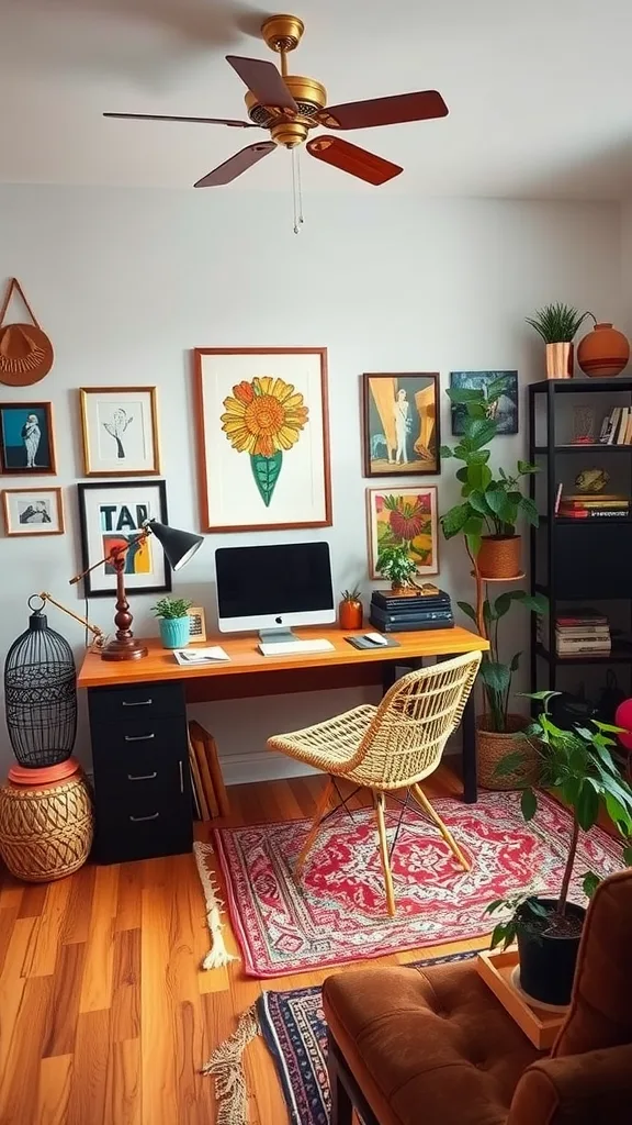 A vibrant boho home office with colorful artwork, plants, and a cozy rug.