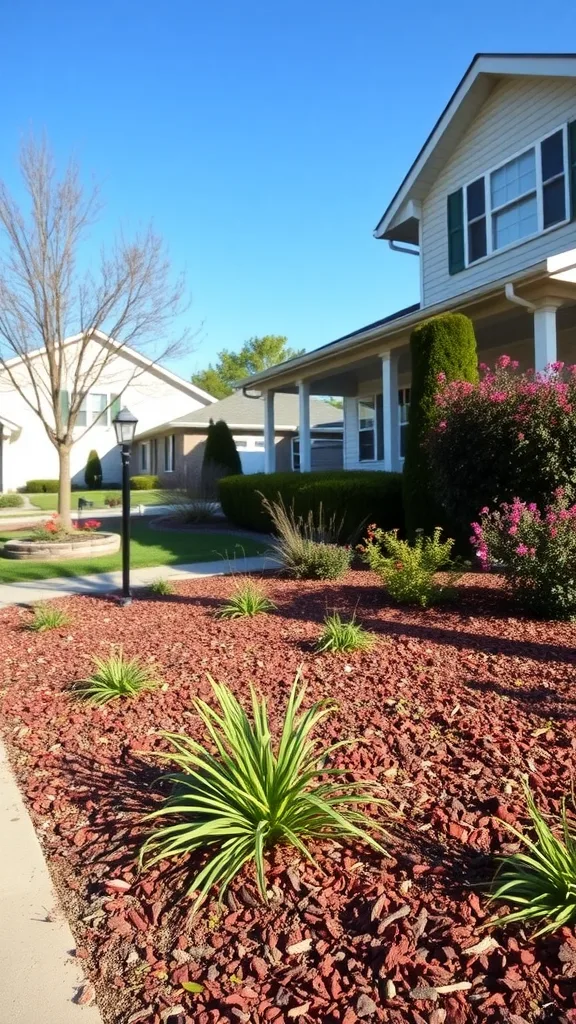 Front yard landscaping with red mulch and green plants