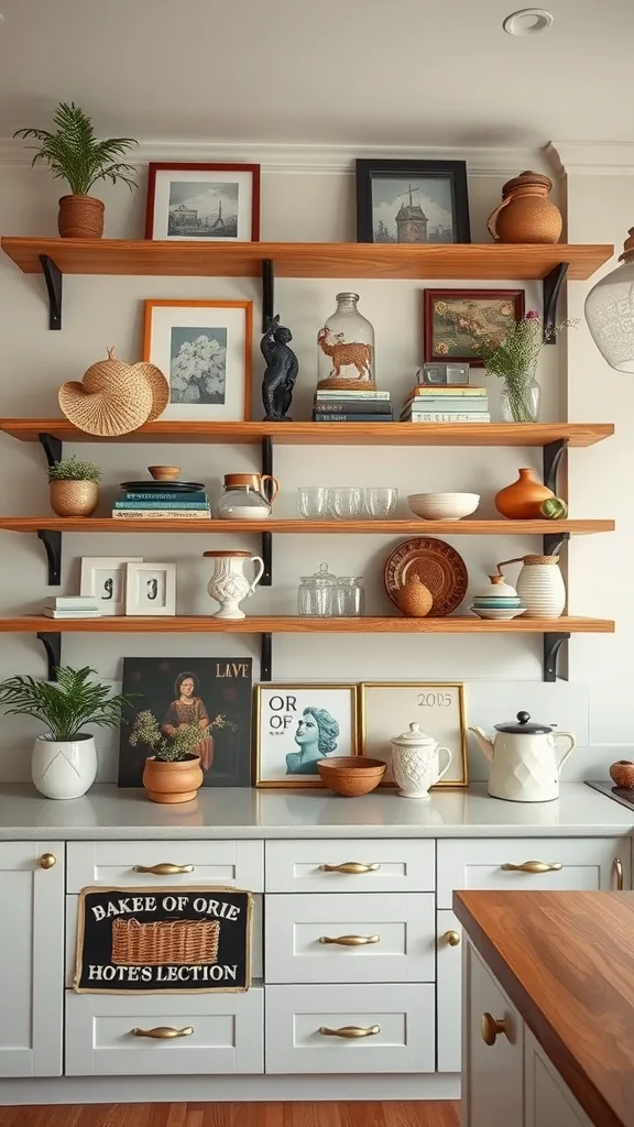 A kitchen with open shelving showcasing decorative items, including framed pictures, plants, and pottery.