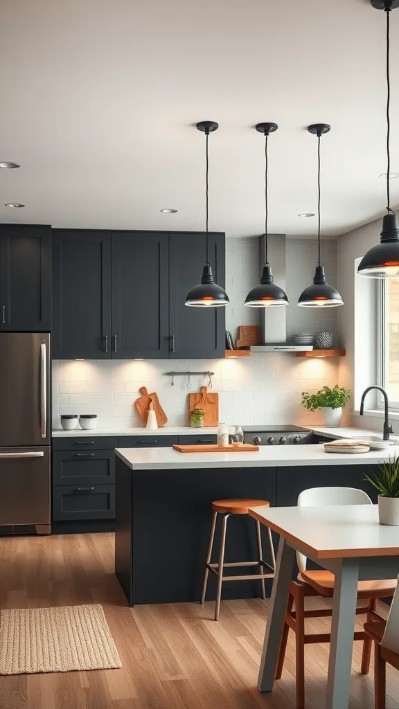 A modern kitchen featuring pendant lighting above an island, dark cabinets, and a cozy atmosphere.