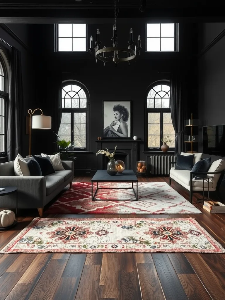 A stylish black living room featuring two area rugs, dark walls, and elegant furniture.