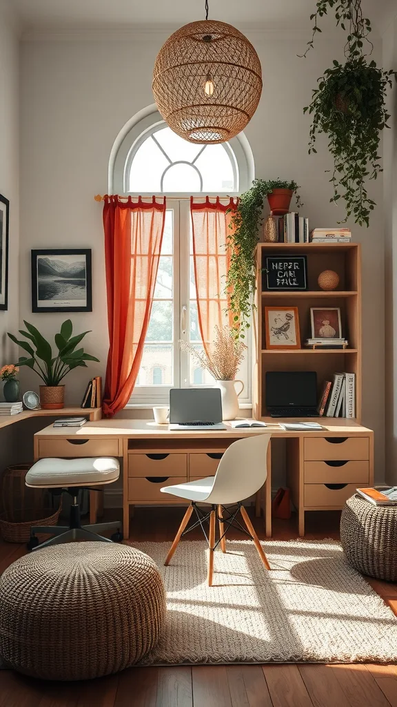 A cozy boho home office with a functional desk, poufs, and natural decor elements