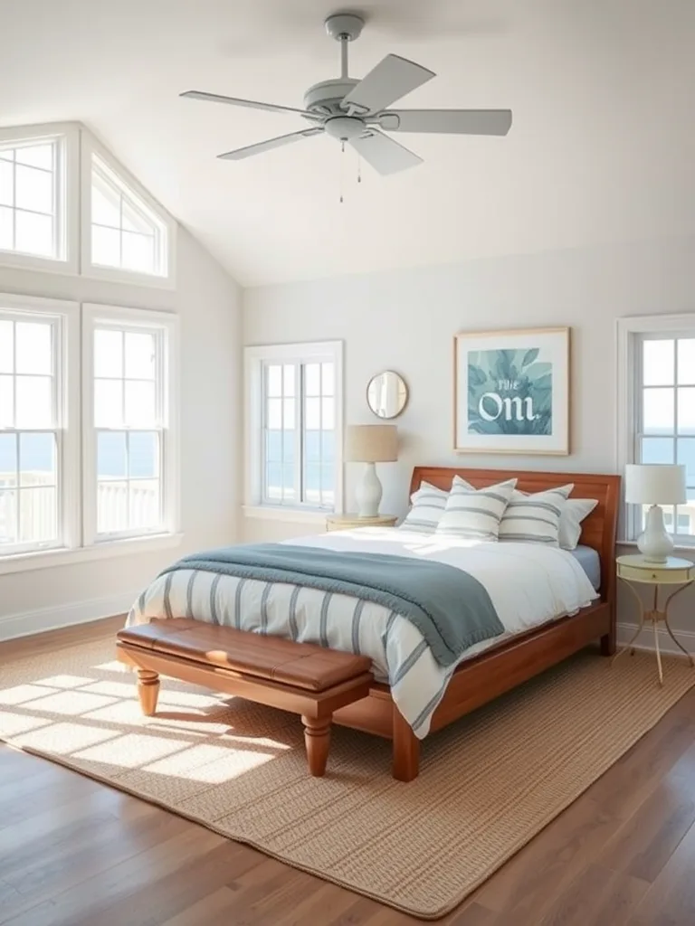 A bright coastal bedroom with large windows, wooden furniture, and light decor.