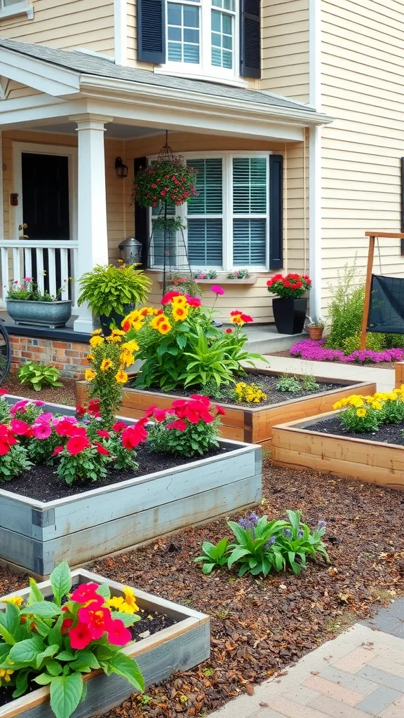 Front yard with colorful raised garden beds filled with flowers