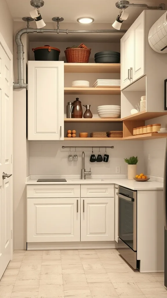 A compact basement kitchenette featuring white cabinets, open shelves with decorative items, and a clean countertop.