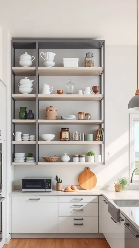 Modern kitchen with open shelving displaying various kitchenware and decorative items.