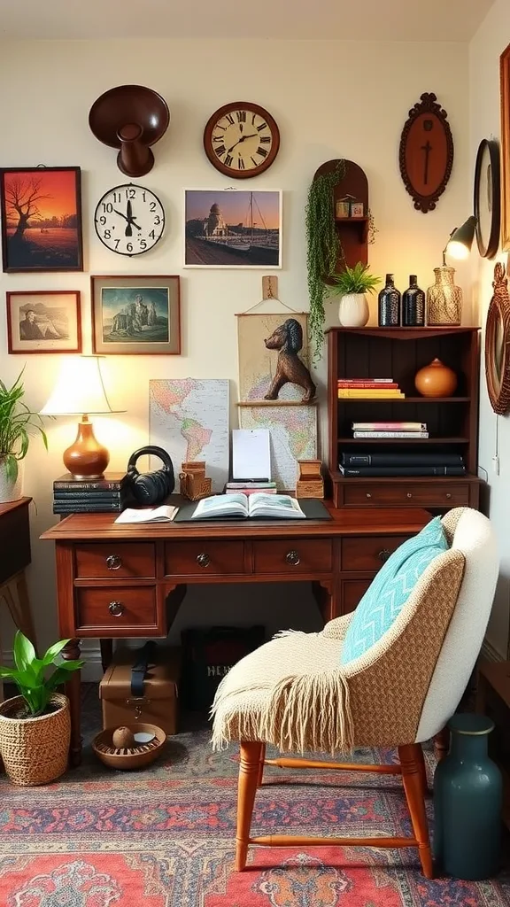 A cozy home office with a vintage desk, framed art on the wall, plants, and warm decor.